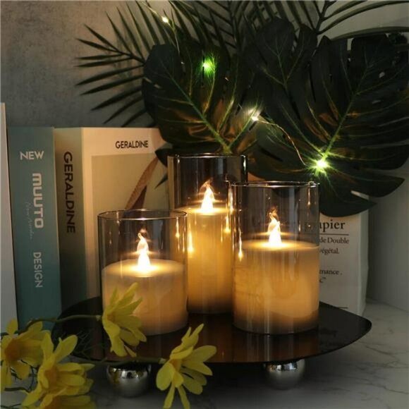 Flameless LED Candles Set of 3 Gray Glass Remote Timer Real Wax Home Decor - Picture 3 of 7